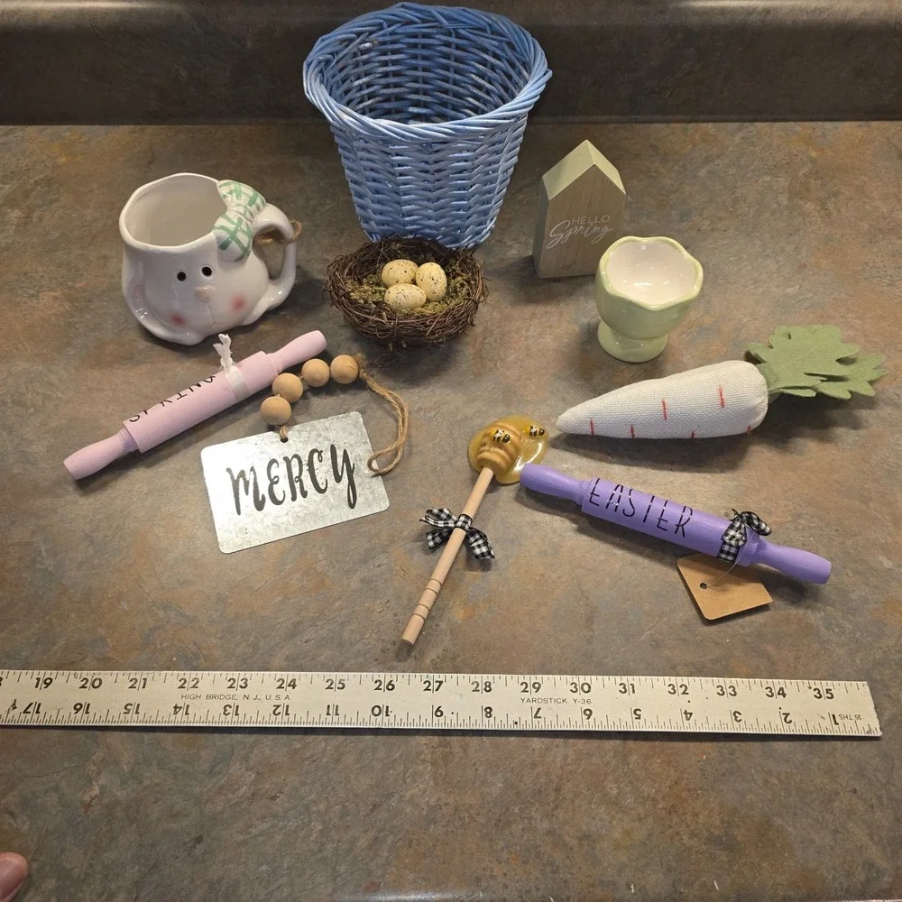 Lot of Mixed Easter Spring Decorations Tiered Tray Decor Basket Eggs